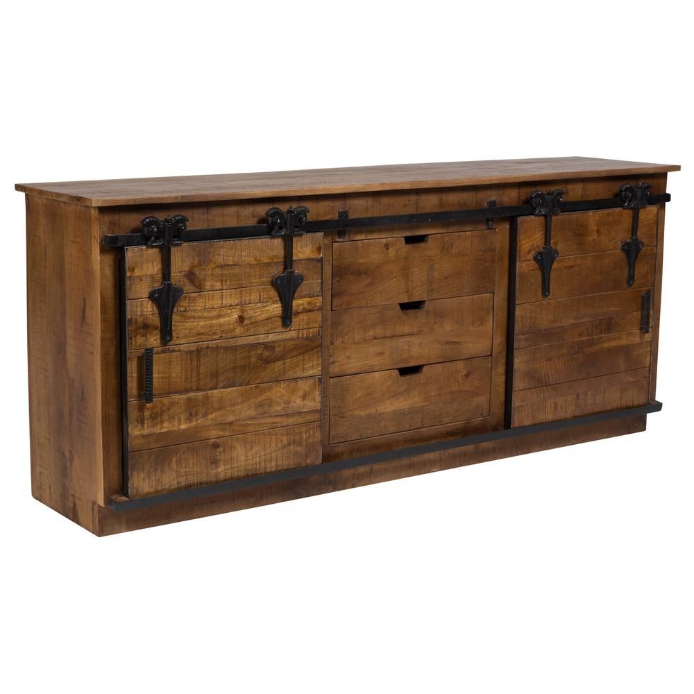 Barn Door Transitional Sliding Door Sideboard In Mango Wood And Cast With Latest Iron Sideboards (View 13 of 20)