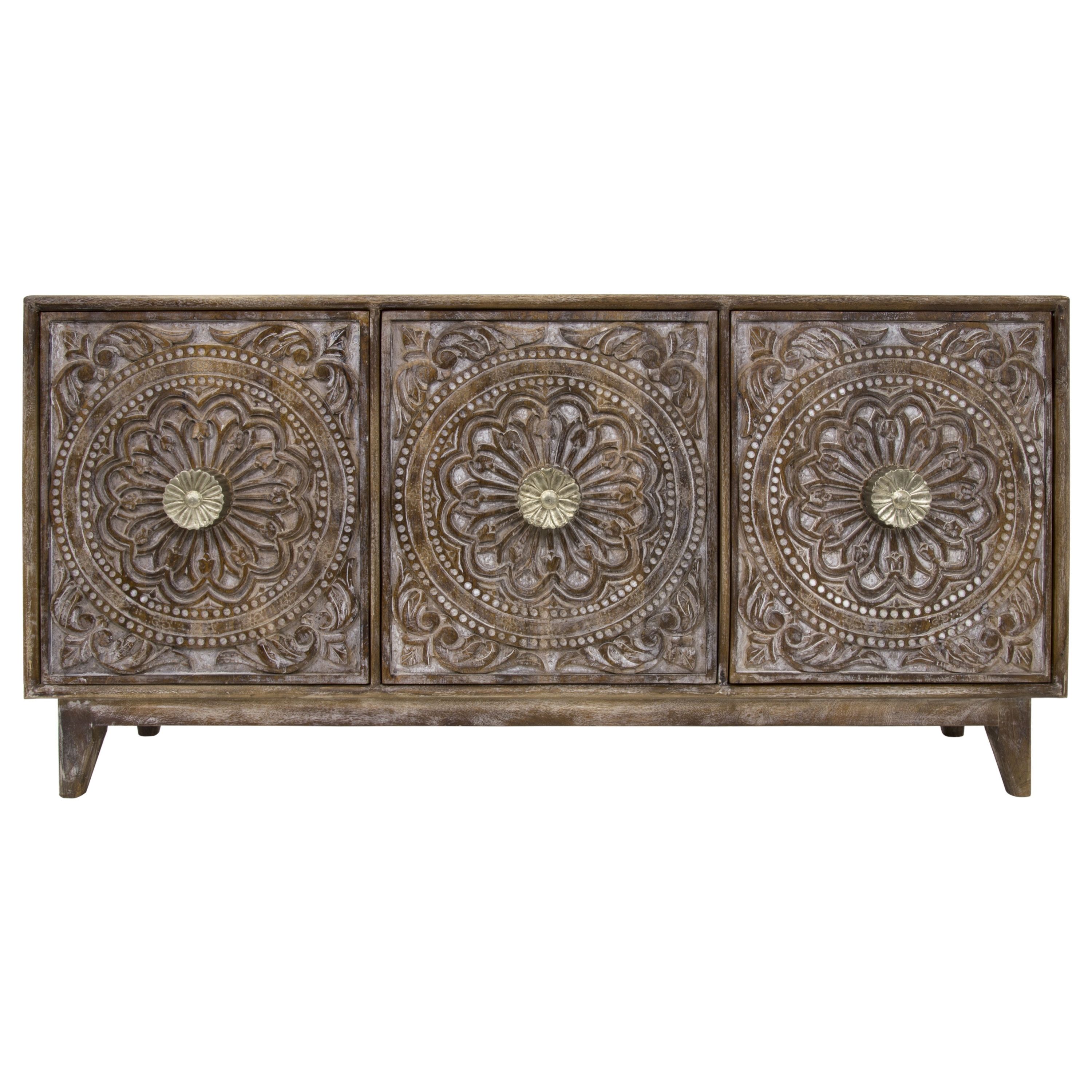 Bungalow Rose Rausch Hand Carved 3 Door Accent Chest | Wayfair With Regard To Most Up To Date Carved 4 Door Metal Frame Sideboards (View 11 of 20)