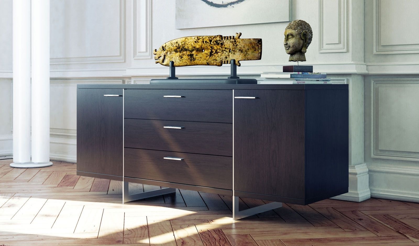 Contemporary Sideboard Buffet With Three Storage Drawers Tulsa Inside Best And Newest Walnut Finish Contempo Sideboards (View 9 of 20)