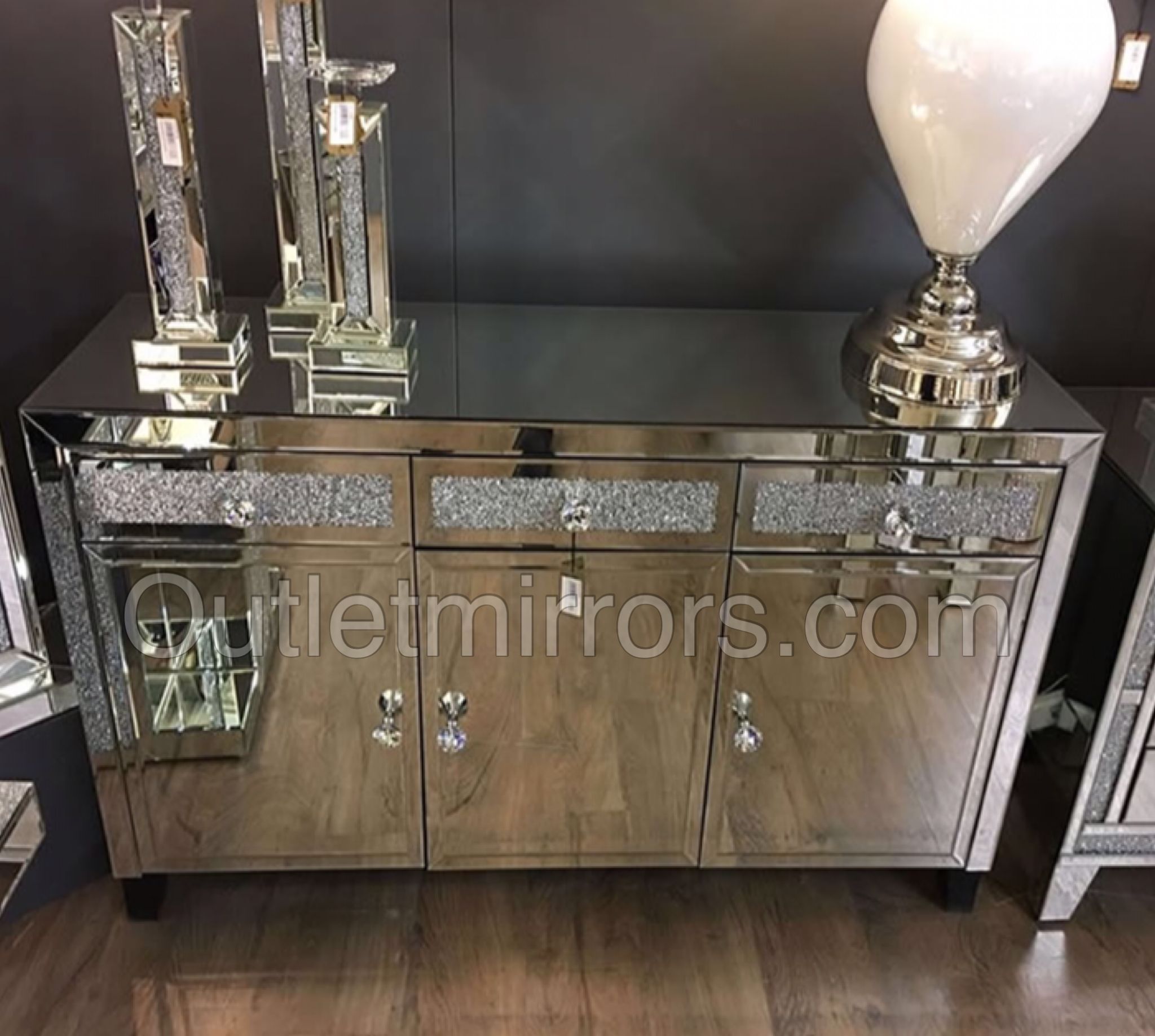 Diamond Crush Sparkle Mirrored 3 Draw / 3 Door Sideboard | Living In Most Current Diamond Circle Sideboards (Photo 3 of 20)