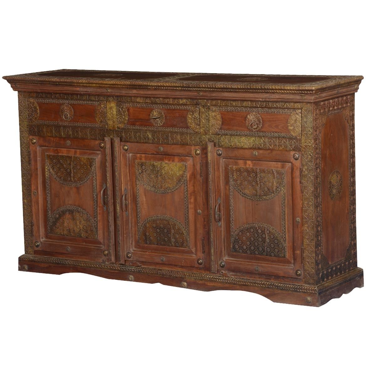 Elizabethan Mango Wood Brass Buffet 3 Drawer Sideboard For Most Current Open Shelf Brass 4 Drawer Sideboards (View 10 of 20)