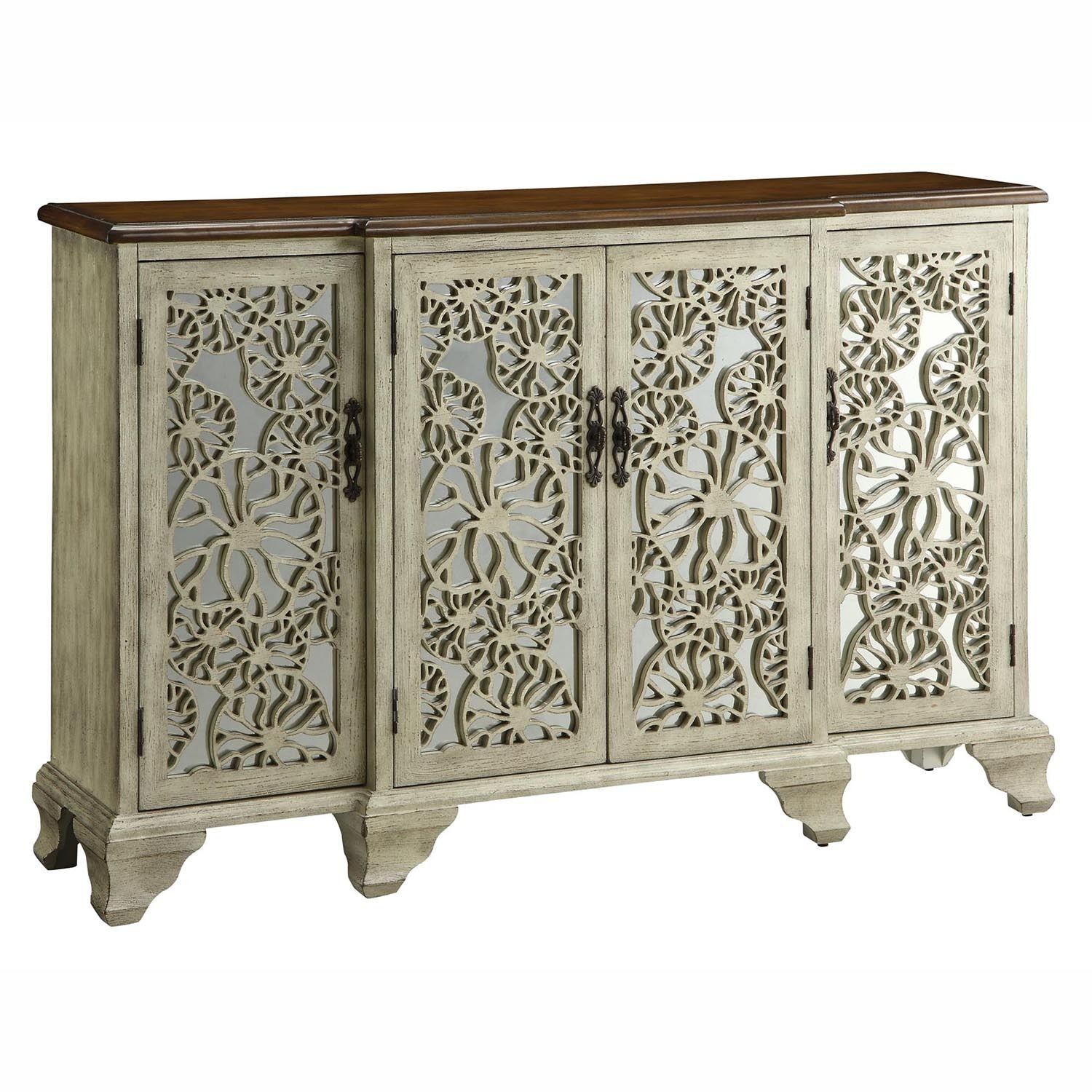 Gorgeous Antique White Wood 4 Mirrored Doors Sideboard Buffet With Regard To Most Up To Date Aged Mirrored 2 Door Sideboards (View 9 of 20)