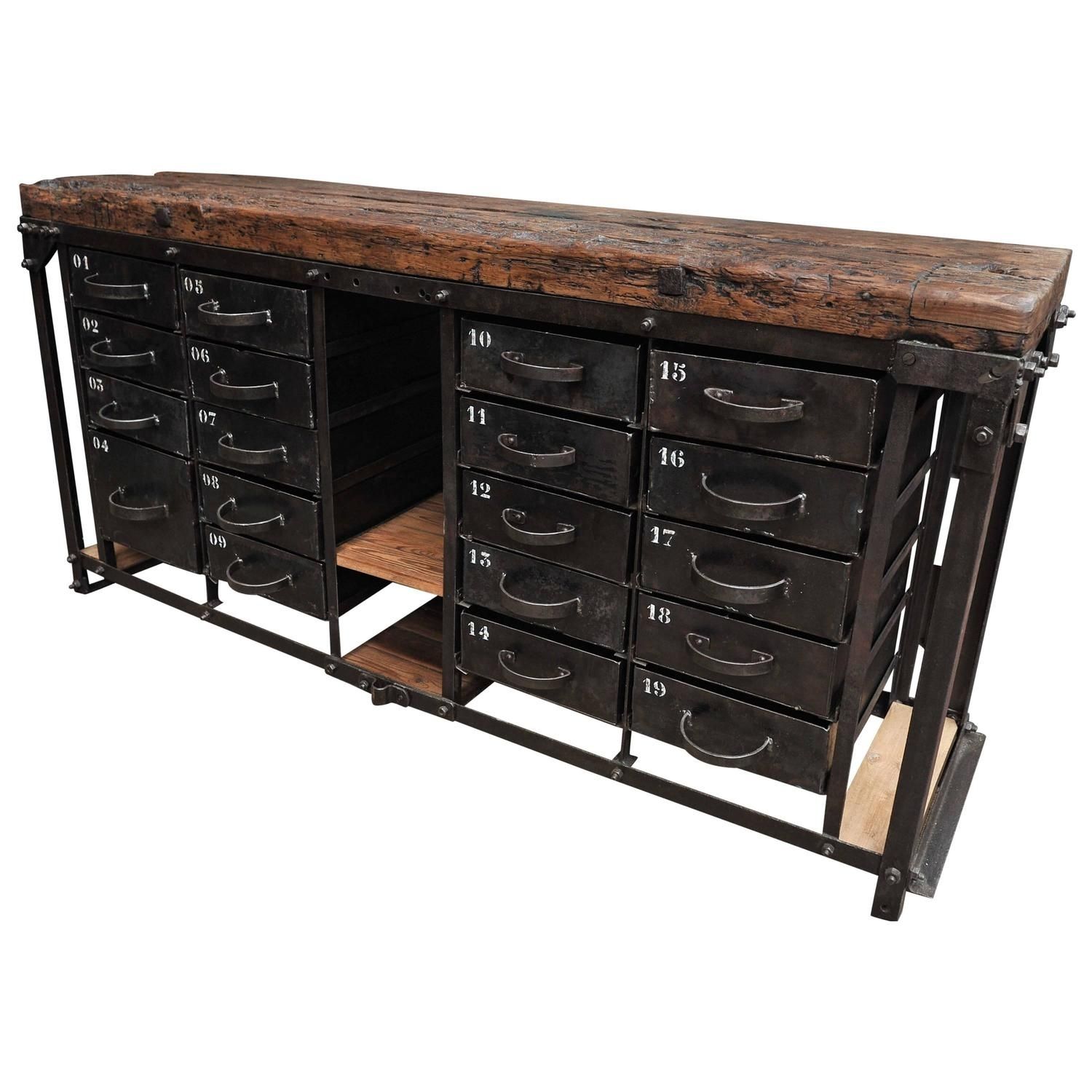 Industrial Iron And Pine French Factory Drawer Workbench 1920s At Throughout Most Popular Iron Pine Sideboards (View 19 of 20)