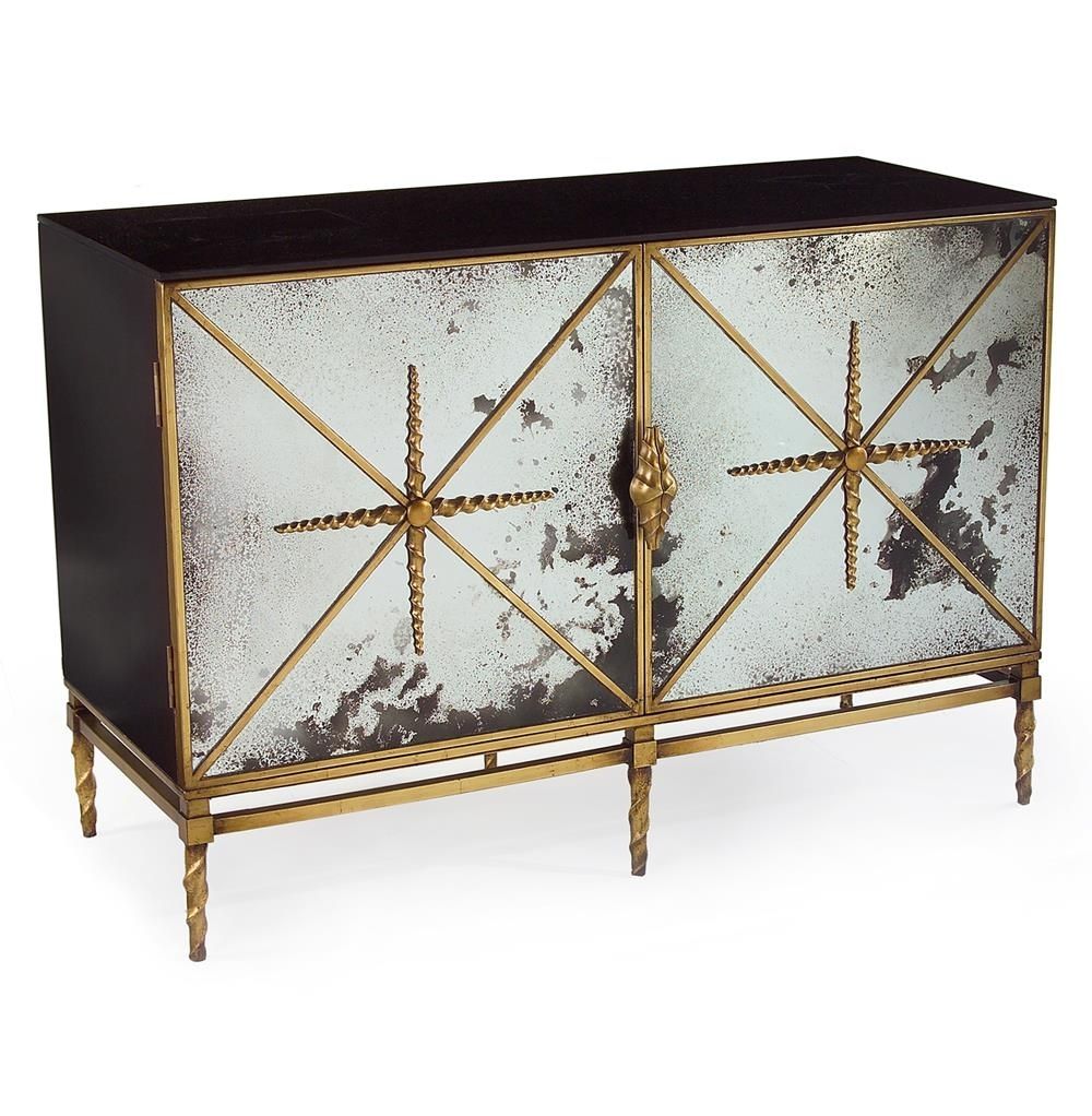 John Richard Adalyn Hollywood Regency Antique Mirror Gold Black 2 Intended For Most Recently Released Aged Mirrored 4 Door Sideboards (View 17 of 20)