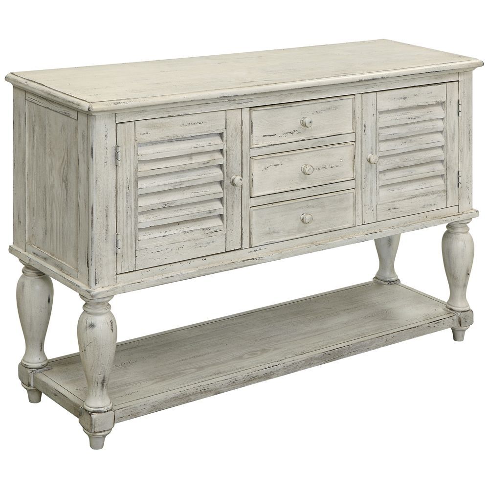 Mila Orchard White Rub Wood 3 Drawer 2 Door Sideboard – Style # 42a94 Pertaining To Recent Antique White Distressed 3 Drawer/2 Door Sideboards (View 17 of 20)