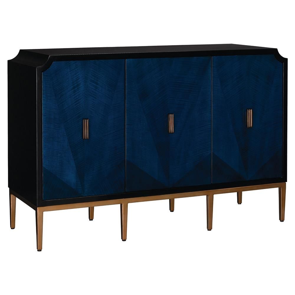 Sapir Modern Classic Blue Gold Black 3 Door Sideboard Cabinet Intended For Latest Black Oak Wood And Wrought Iron Sideboards (View 10 of 20)