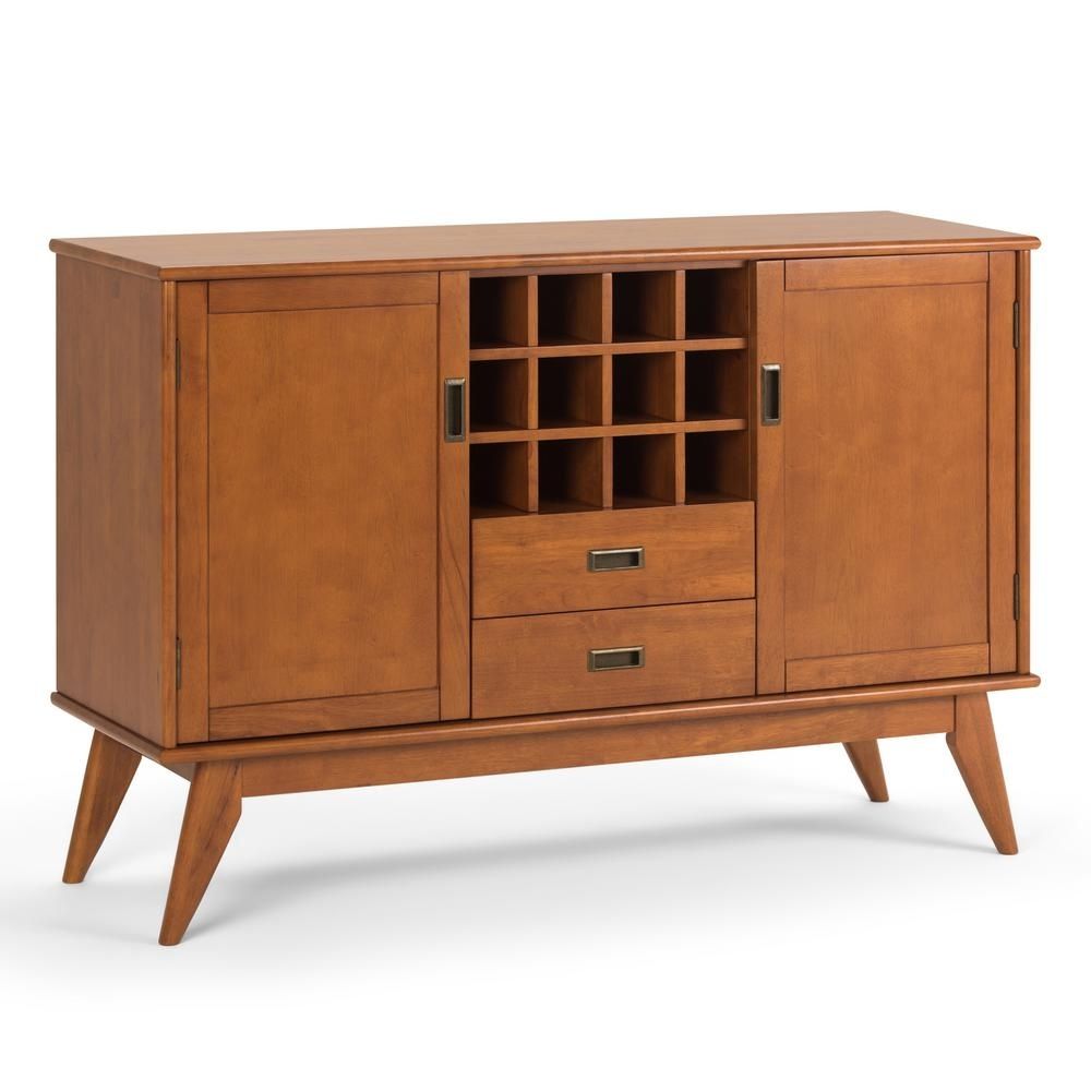 Simpli Home Draper Mid Century Teak Brown Sideboard Buffet With Wine In Most Current Amos Buffet Sideboards (Photo 10 of 20)
