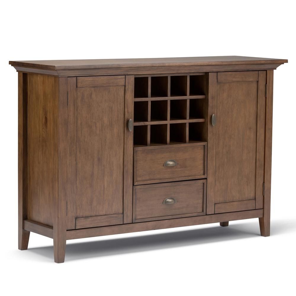 Simpli Home Redmond Rustic Natural Aged Brown Buffet With Wine With Regard To Most Recent Walnut Finish Crown Moulding Sideboards (View 6 of 20)