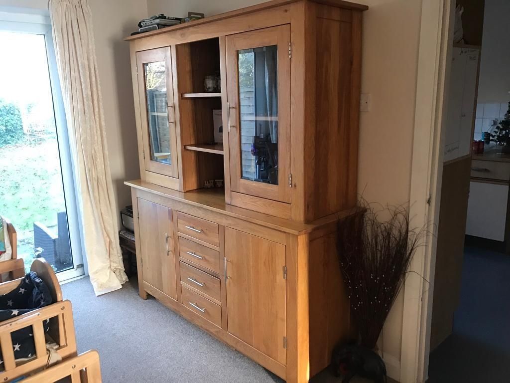Solid Oak Wooden Glass Sideboard Dresser Storage Dining Room | In With Current Diamond Circle Sideboards (View 16 of 20)