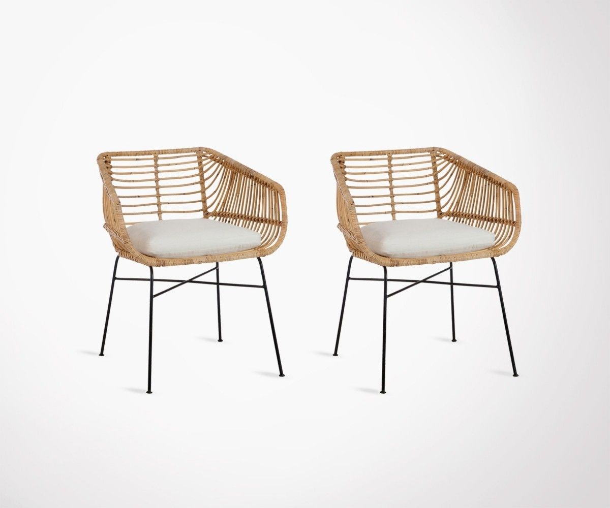 Trendy Set Of 2 Natural Metal Rattan Outdoor Chairs With Cushionj Line Throughout Natural Rattan Metal Chairs (Photo 20 of 20)