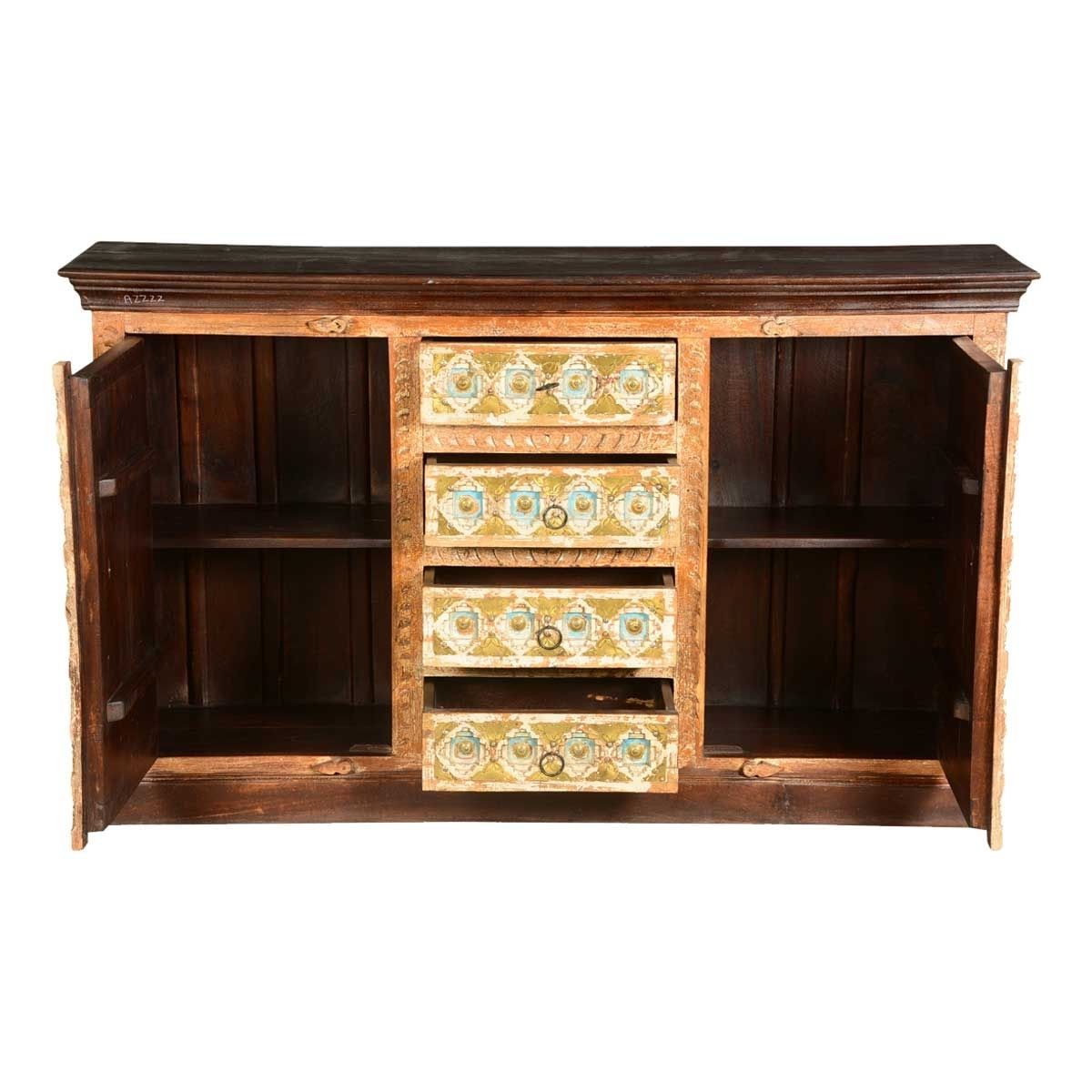 Turkish Handcrafted Brass Inlay Mango Wood 4 Drawer Sideboard Cabinet With Recent Open Shelf Brass 4 Drawer Sideboards (Photo 1 of 20)