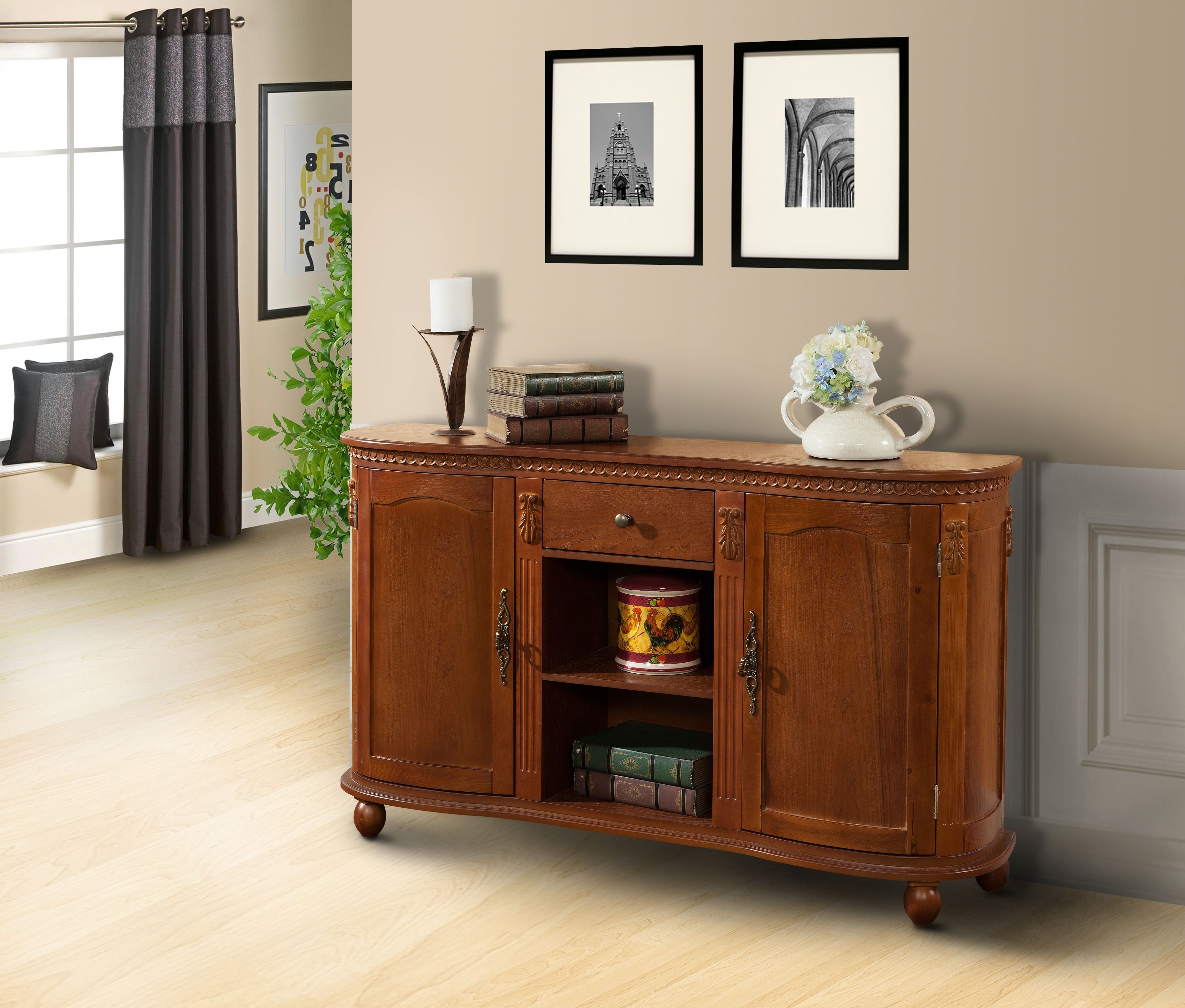 Walnut Wood Sideboard Buffet Console Table With Storage Drawer With Regard To Most Recently Released Walnut Finish 4 Door Sideboards (Photo 10 of 20)