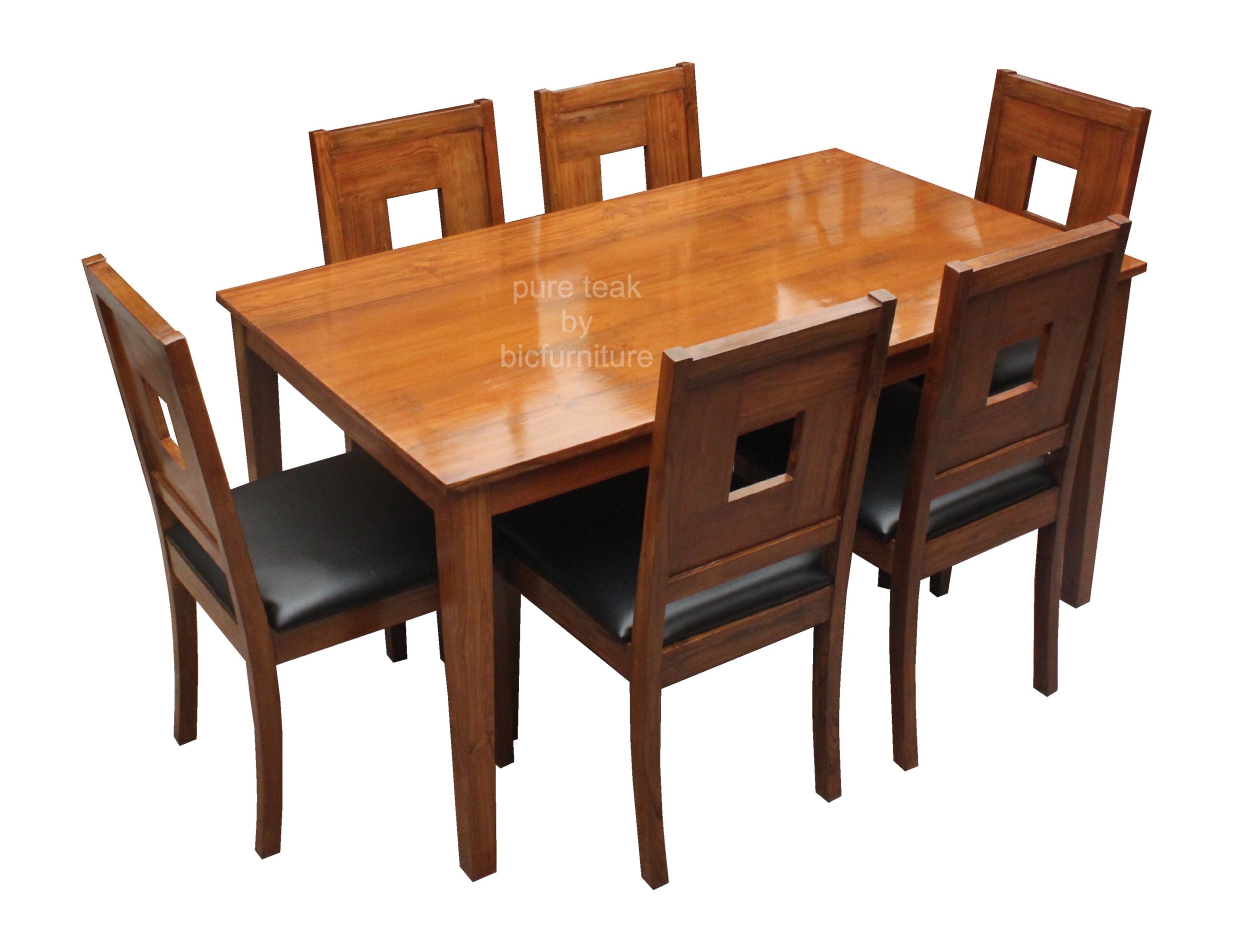 Well Known Stylish Teak Dining With Art Leather Chairs In 6 Seater Set Regarding Natural Brown Teak Wood Leather Dining Chairs (View 3 of 20)