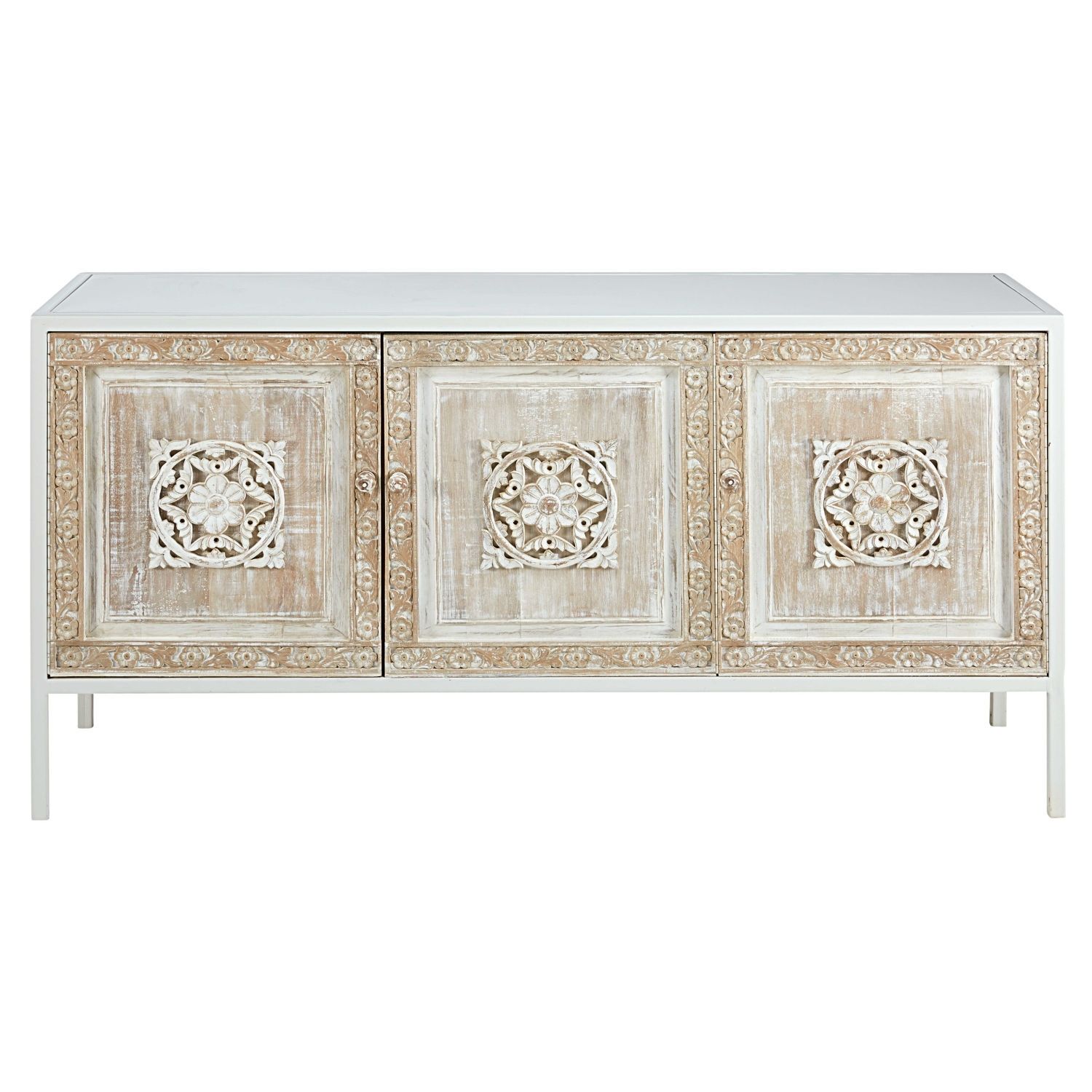 White Metal And Sculpted Mango Wood 3 Door Sideboard | Maisons Du Monde With Most Recent Carved 4 Door Metal Frame Sideboards (View 9 of 20)