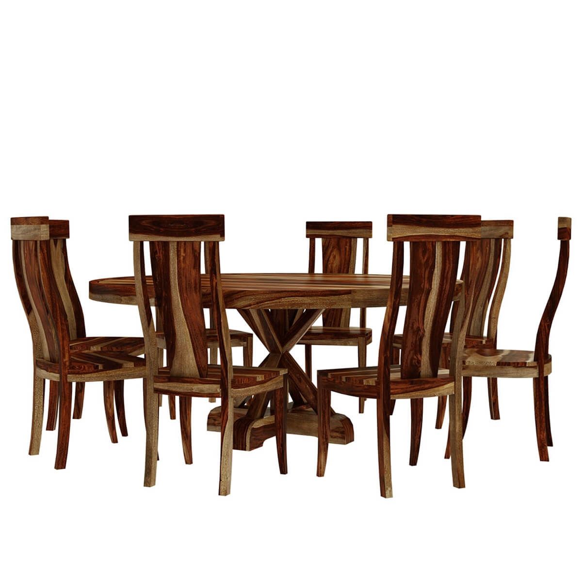 Bedford X Pedestal Rustic 72" Round Dining Table With 8 Chairs Set For Most Recent Bedfo 3 Piece Dining Sets (View 7 of 20)