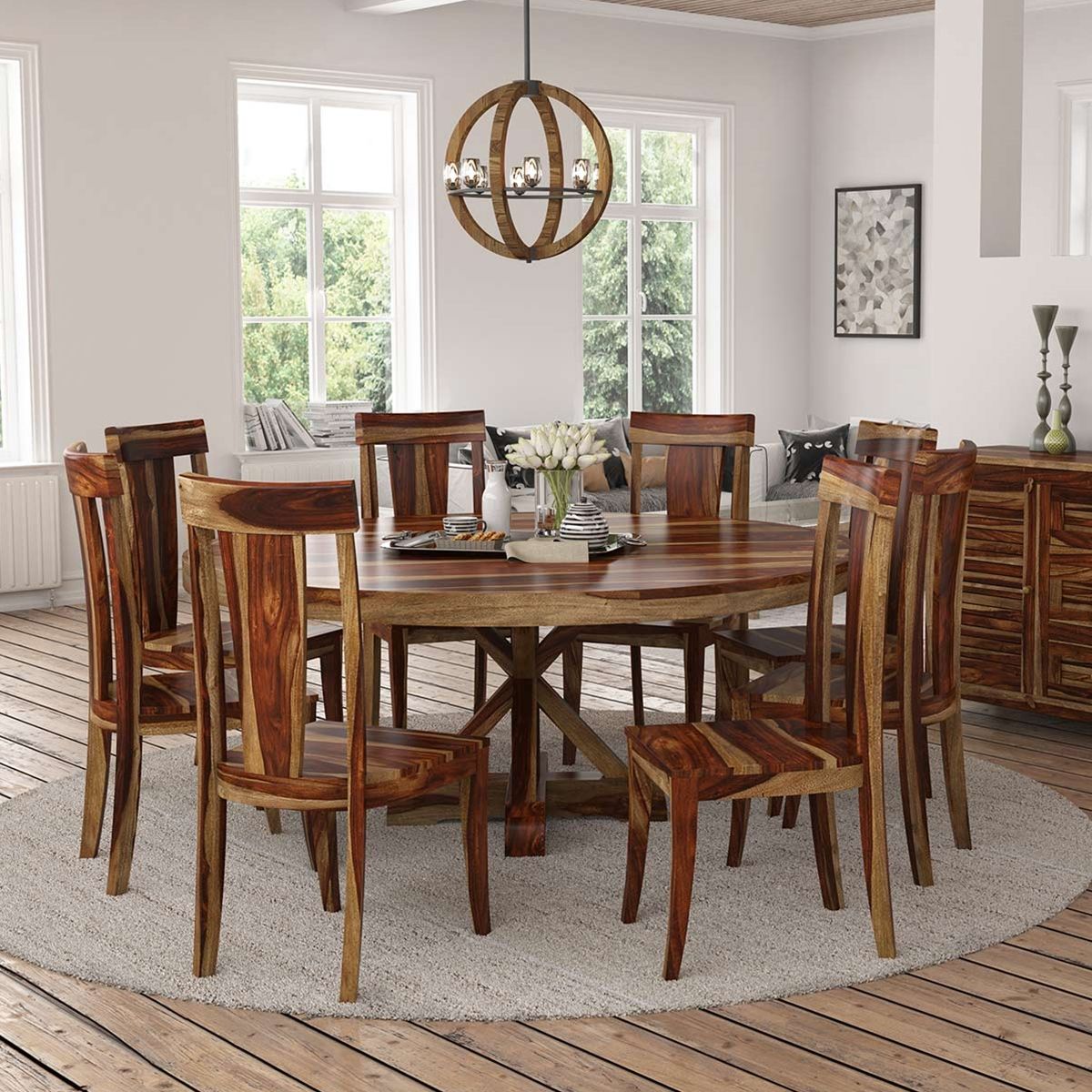 Bedford X Pedestal Rustic 72" Round Dining Table With 8 Chairs Set With Newest Bedfo 3 Piece Dining Sets (View 2 of 20)