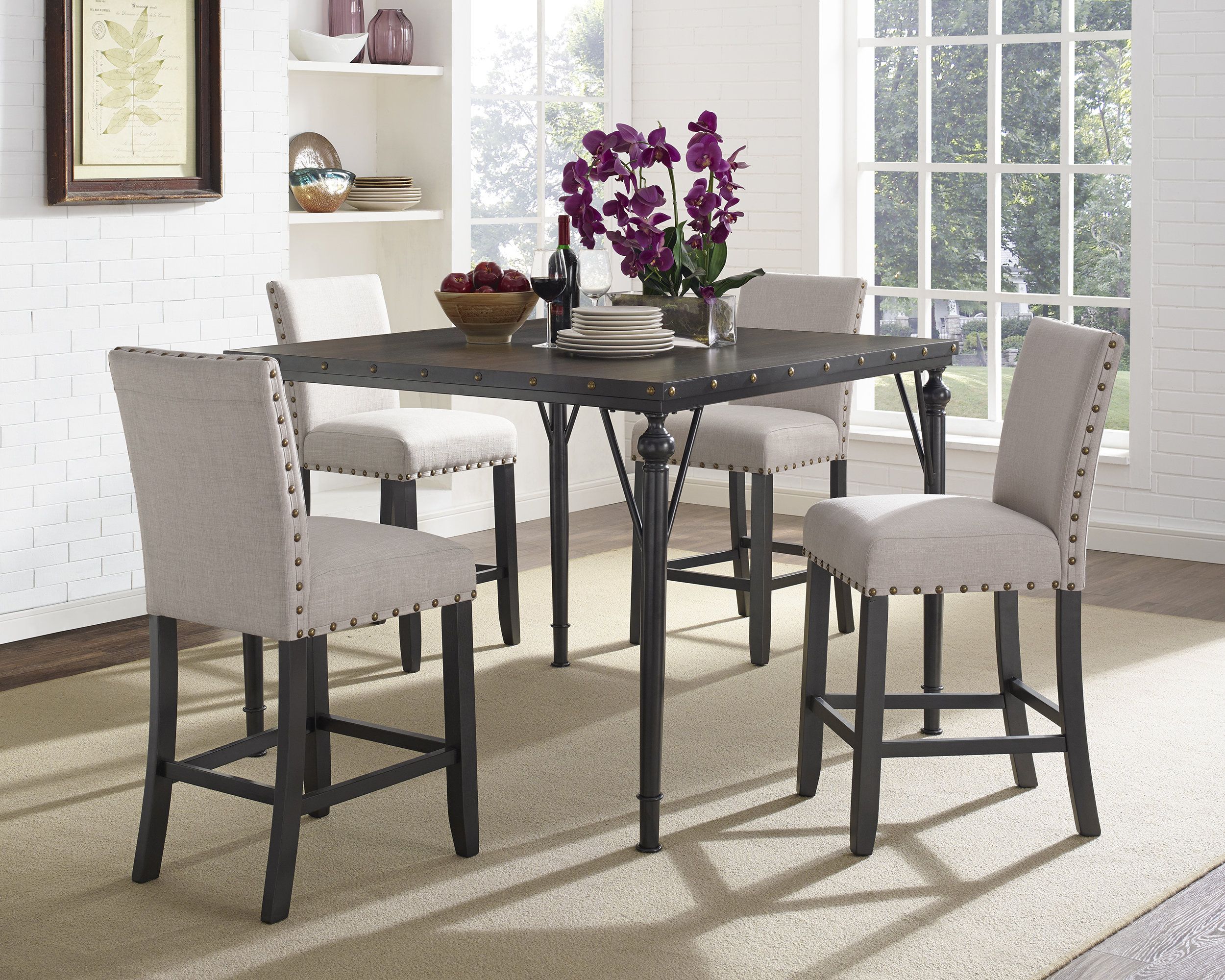 Haysi Wood Counter Height 5 Piece Dining Set With Fabric Nailhead For 2017 Pattonsburg 5 Piece Dining Sets (View 13 of 20)