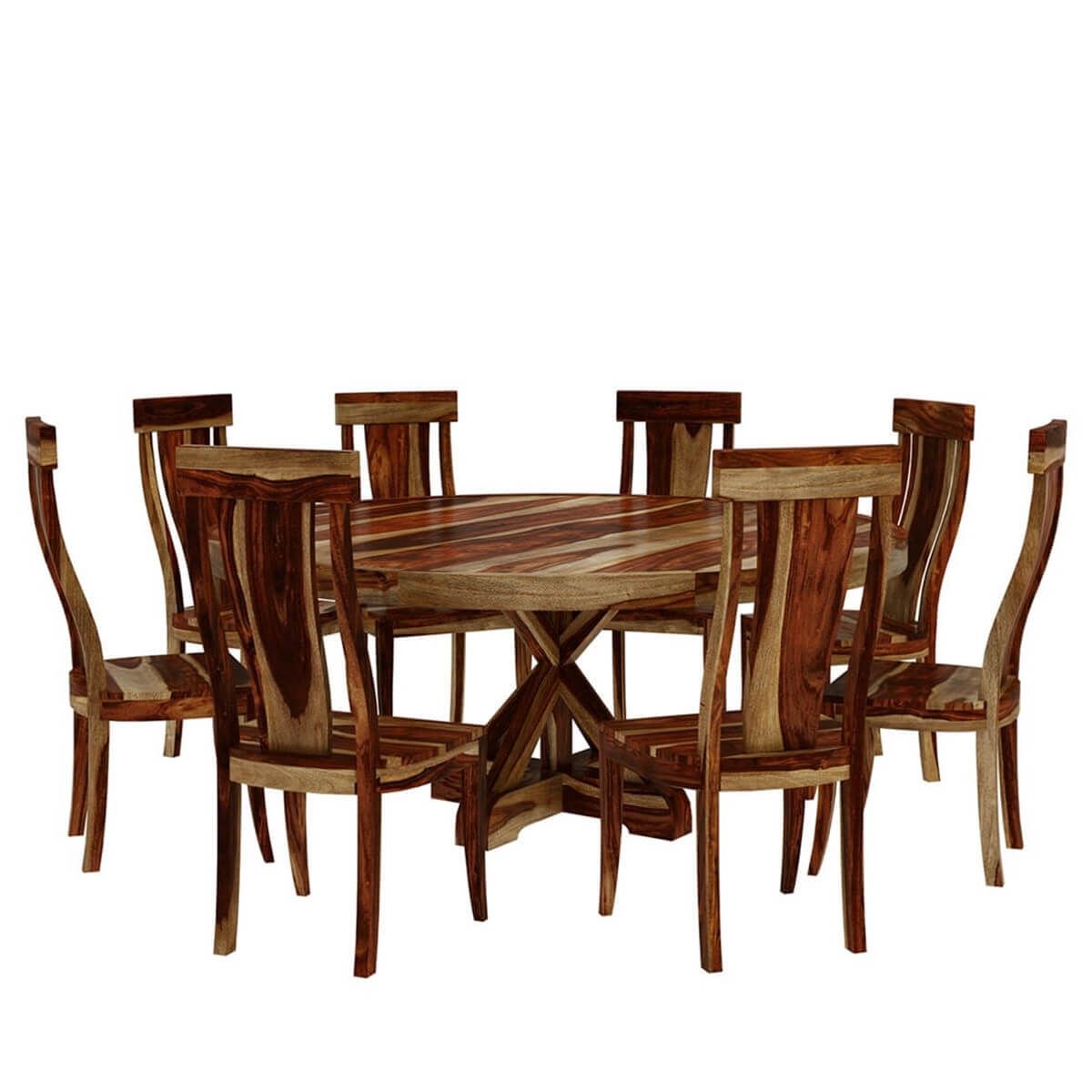 Most Recent Bedfo 3 Piece Dining Sets Pertaining To Bedford X Pedestal Rustic 72" Round Dining Table With 8 Chairs Set (View 5 of 20)