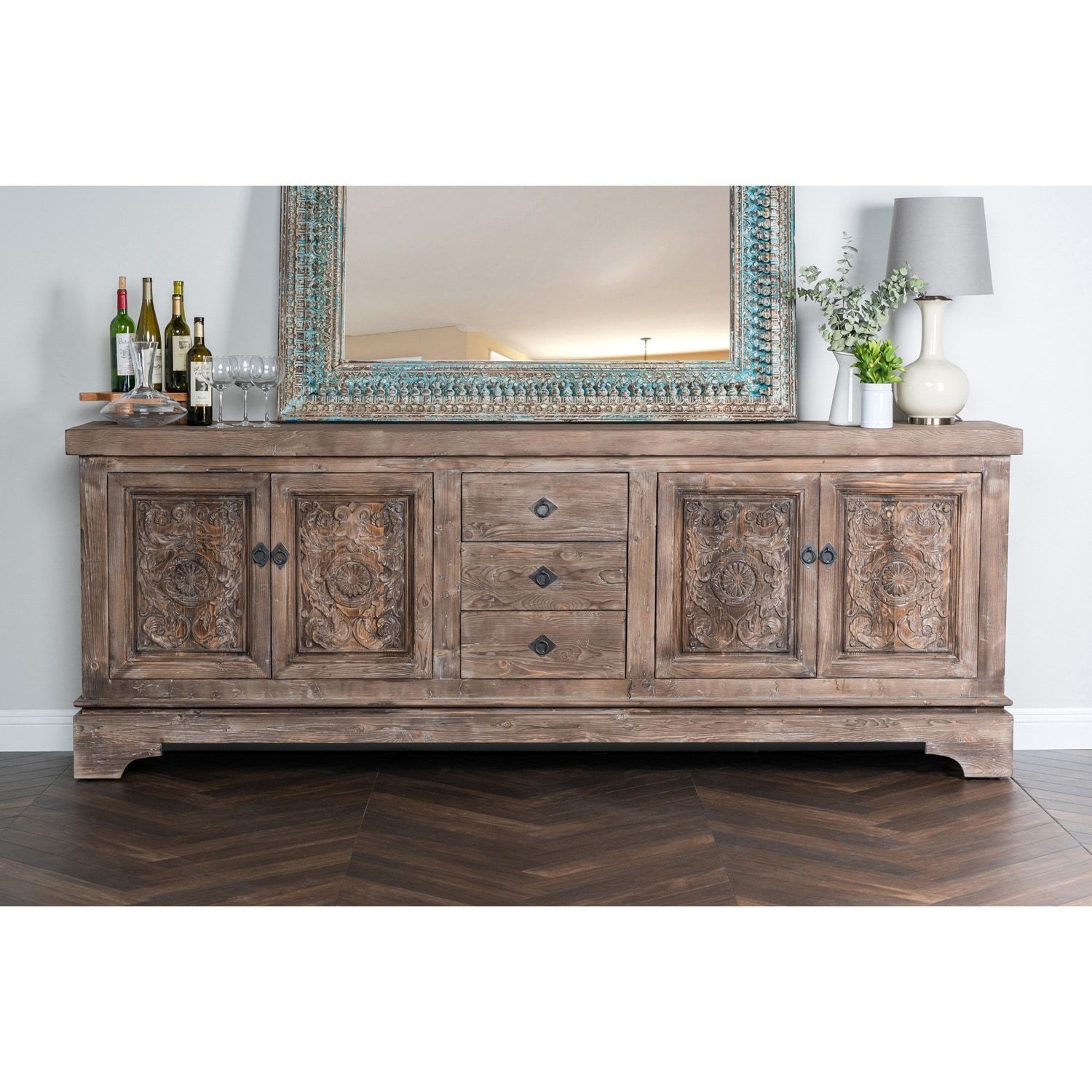 Allen Rustic Taupe Reclaimed Pine 106 Inch Sideboard Pertaining To 2017 Haroun Mocha Sideboards (View 2 of 20)