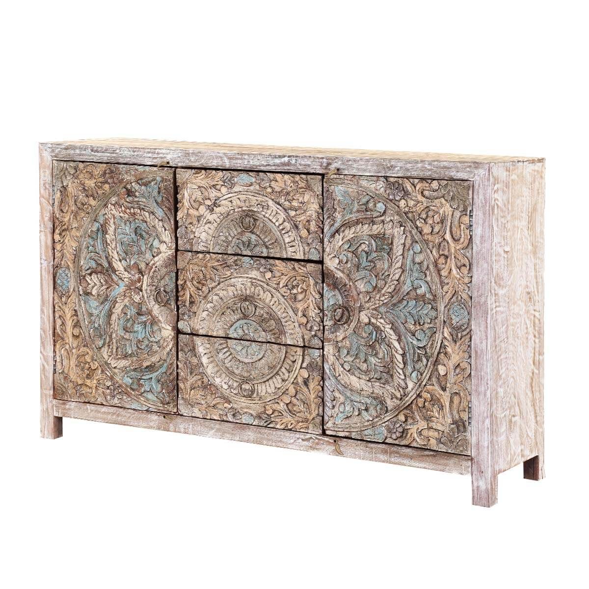 Avenal Floral Mandalas Solid Wood Hand Carved Accent Buffet Cabinet For Most Recently Released Avenal Sideboards (View 19 of 20)