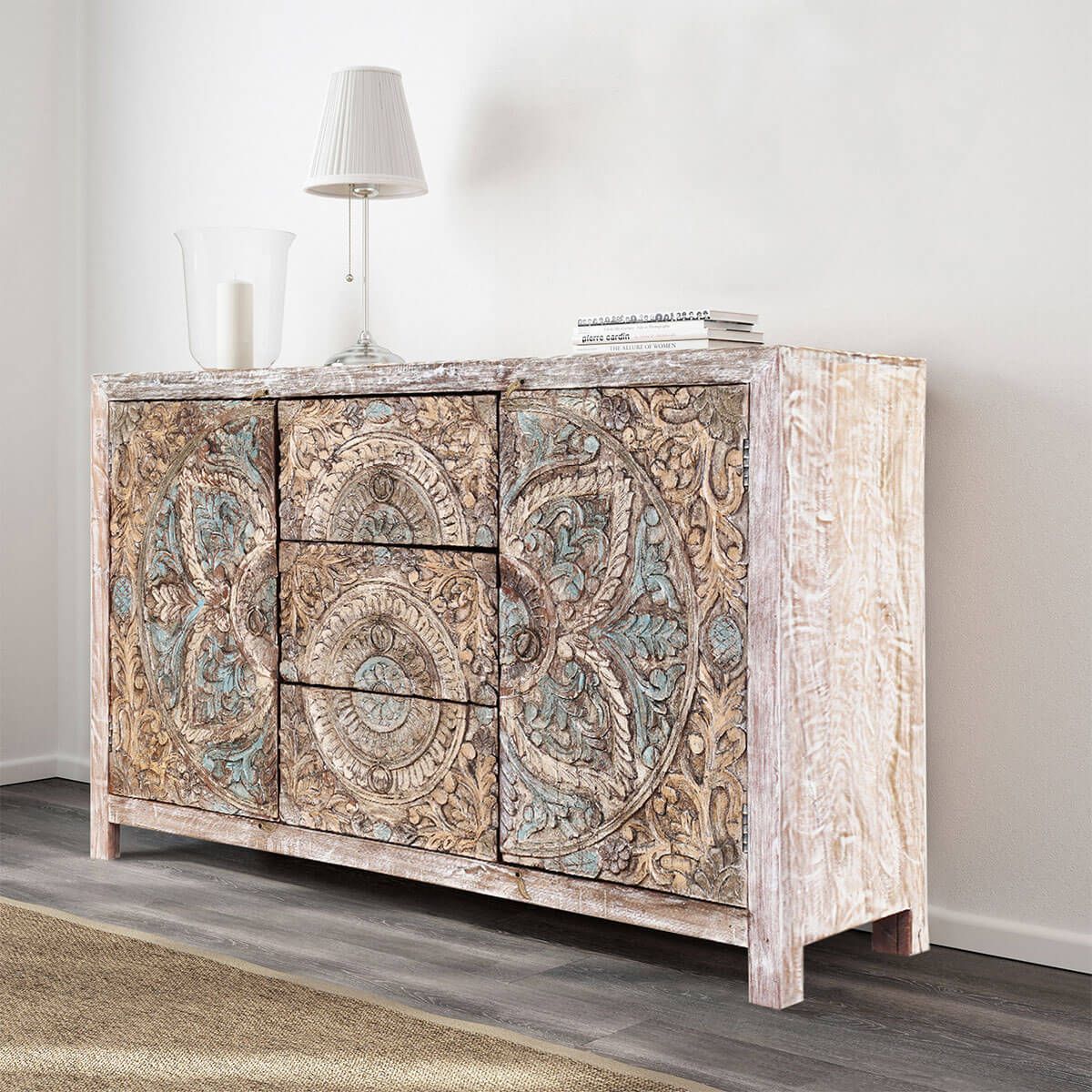 Avenal Floral Mandalas Solid Wood Hand Carved Accent Buffet Cabinet In Best And Newest Avenal Sideboards (View 5 of 20)