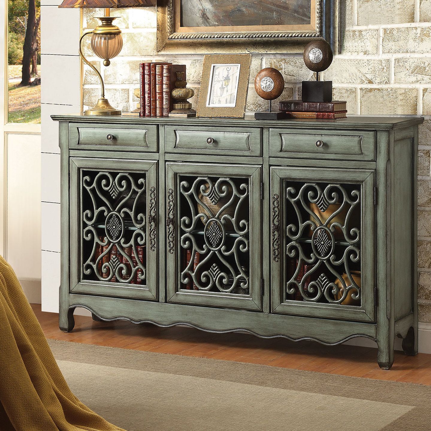 Helvic 3 Drawer 3 Door Accent Cabinet | Farmhouse Furniture Intended For Latest Mauzy Sideboards (View 7 of 20)