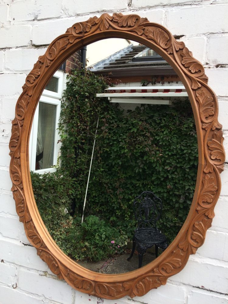 Large Vintage Oval Bevelled Wall Mirror Wooden Frame Carved Pertaining To Oval Wood Wall Mirrors (View 1 of 20)