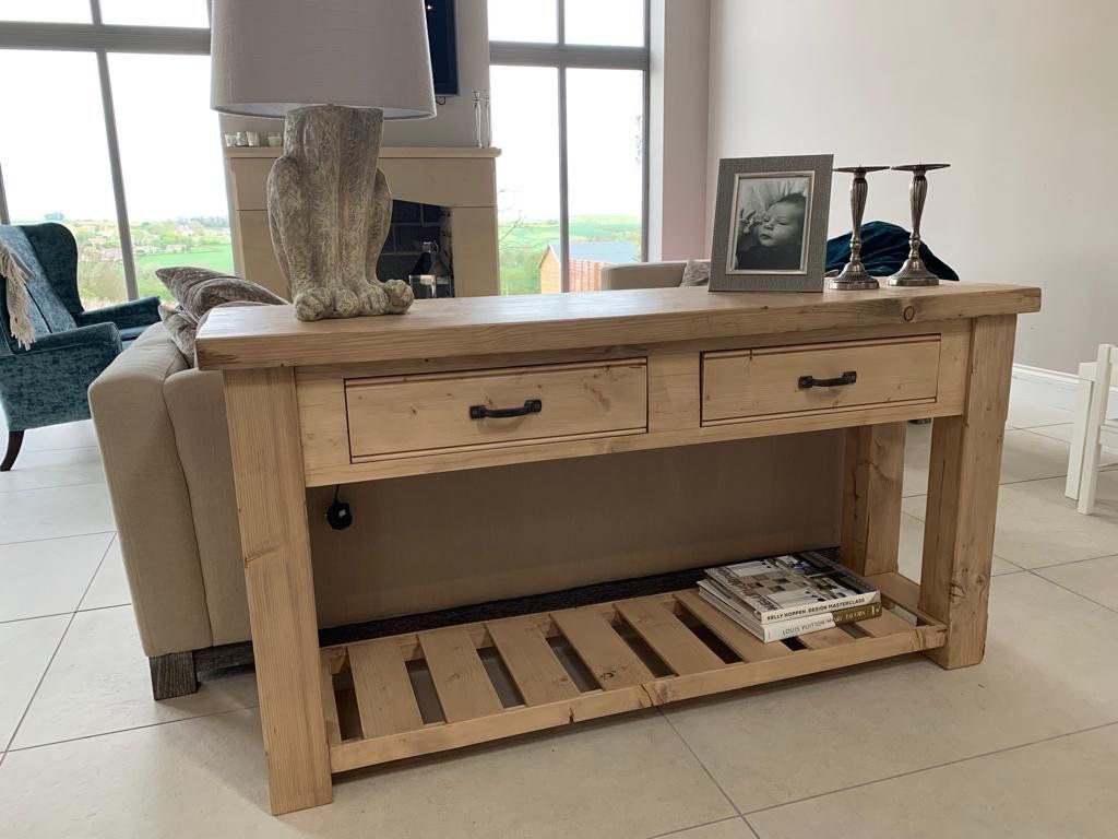 Solid Reclaimed Wood Sideboard Console Table With Chunky Legs. Aged Oak  Rustic Style Finish With 2 Drawers & Lower Shelf (View 19 of 20)
