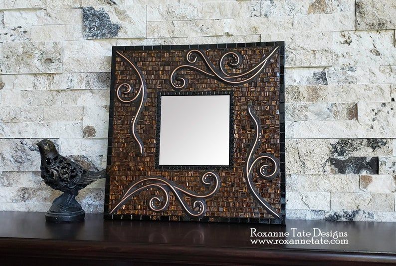 Unique Mosaic Mirror, Accent Mirror, Wall Mirror, Small Mosaic Mirror,  Mirror Wall Decor, Bathroom Decor, Powder Bath Decor, Copper, Mosaic Regarding Rena Accent Mirrors (View 16 of 20)