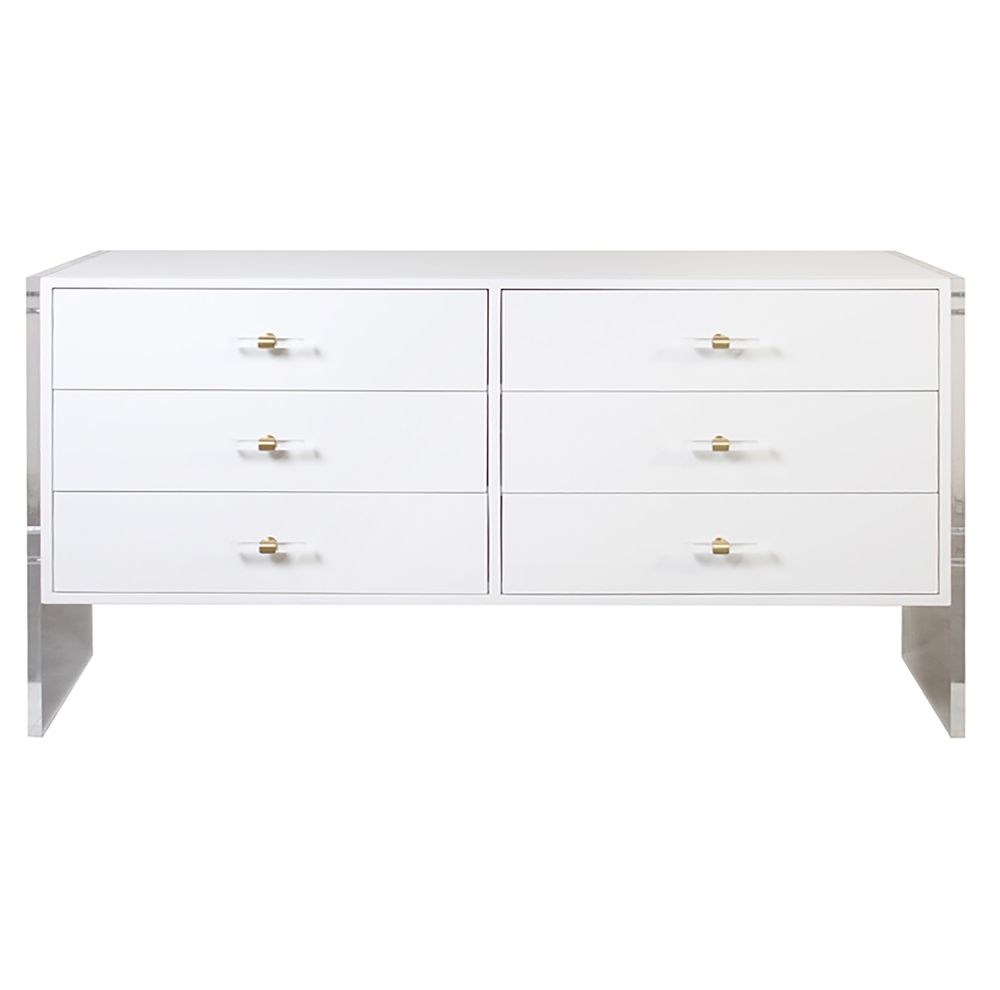 Worlds Away Rutherford Six Drawer Chest With Acrylic Sides In Matte White  Lacquer Rutherford Wh Pertaining To 2018 Rutherford Sideboards (View 8 of 20)