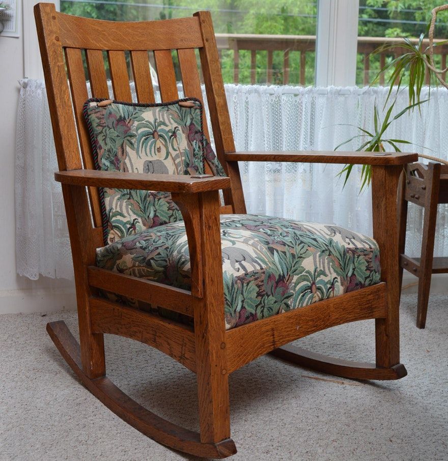 Antique L. & J. G. Stickley Mission Style Oak Rocking Chair In Mission Design Wood Rocking Chairs With Brown Leather Seat (Photo 9 of 20)