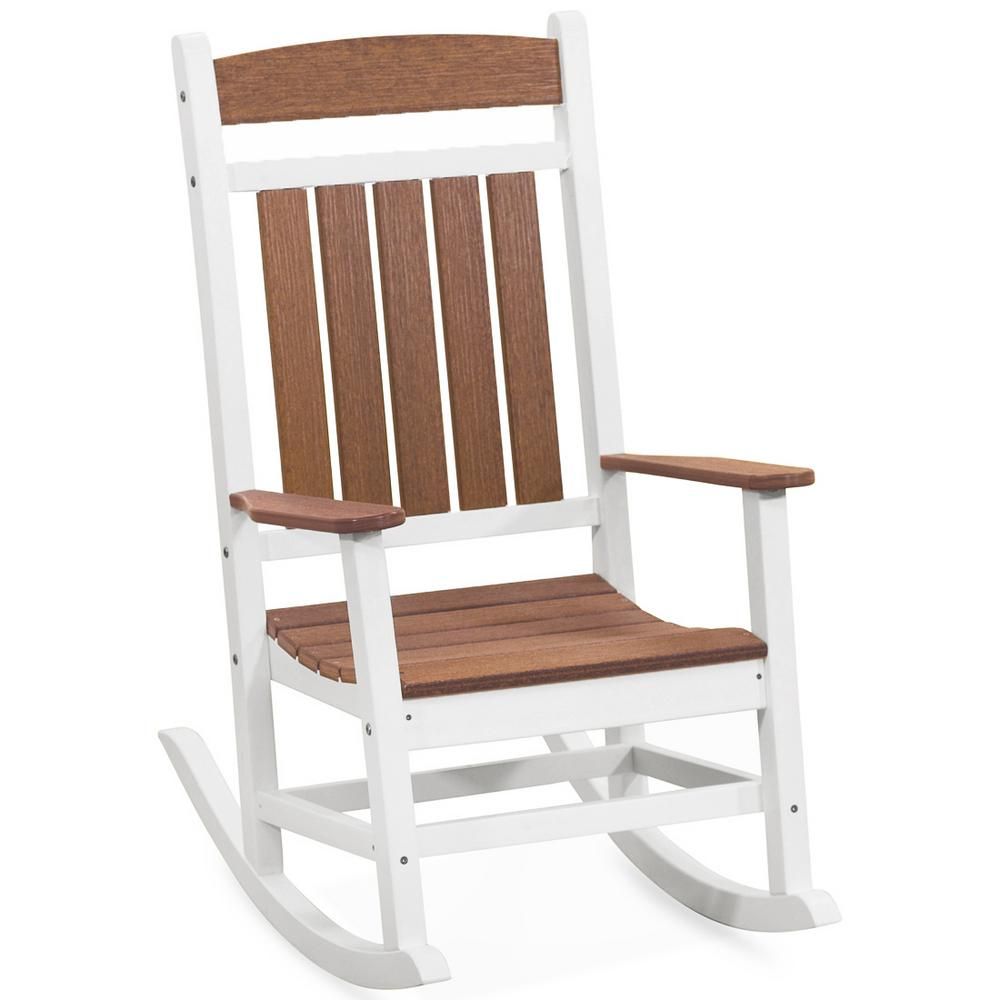 Durogreen Classic Rocker White And Antique Mahogany Plastic Outdoor Rocking  Chair In Antique White Wooden Rocking Chairs (View 4 of 20)