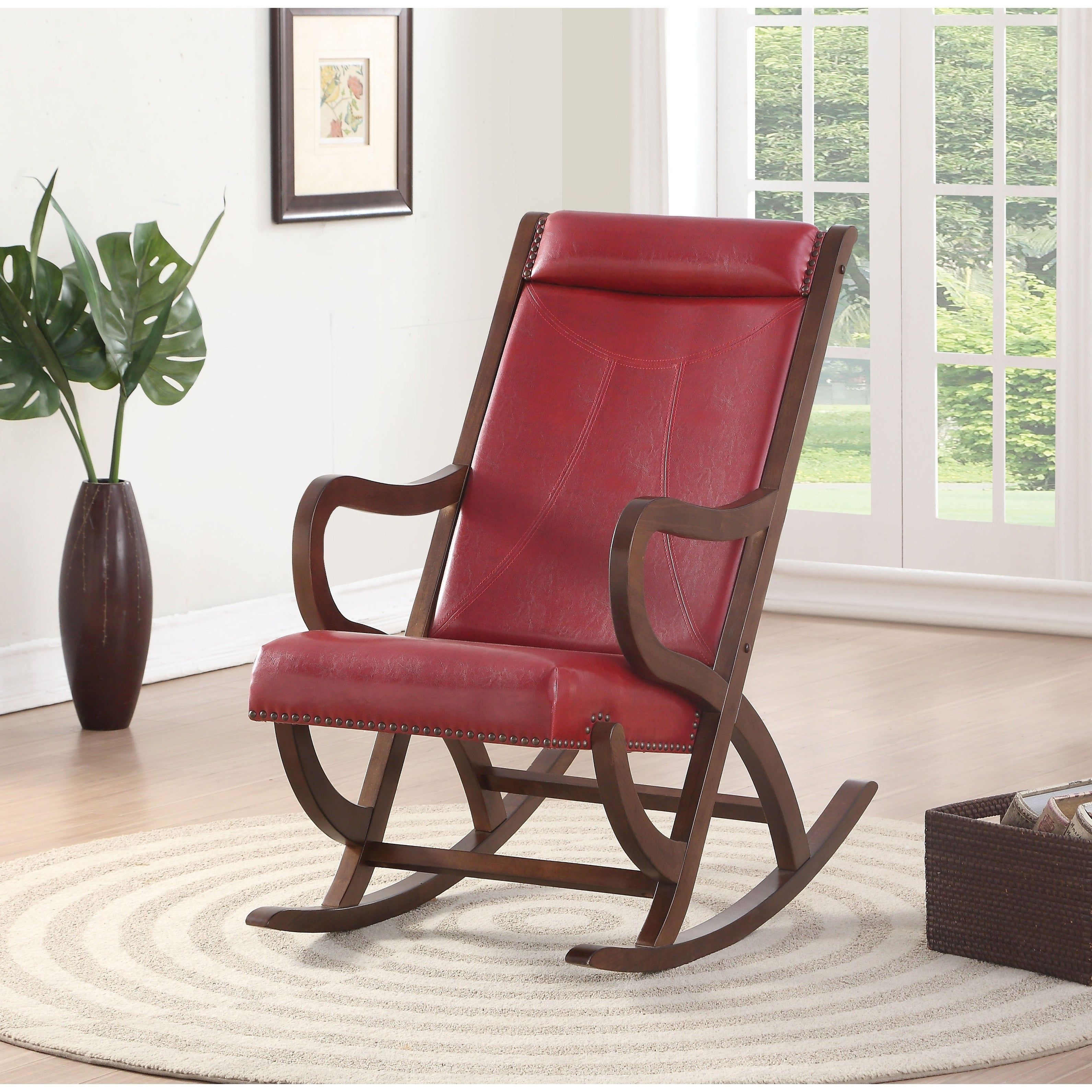 Faux Leather Upholstered Wooden Rocking Chair With Looped Arms, Brown And  Red With Weston Rocking Chairs (Photo 6 of 20)