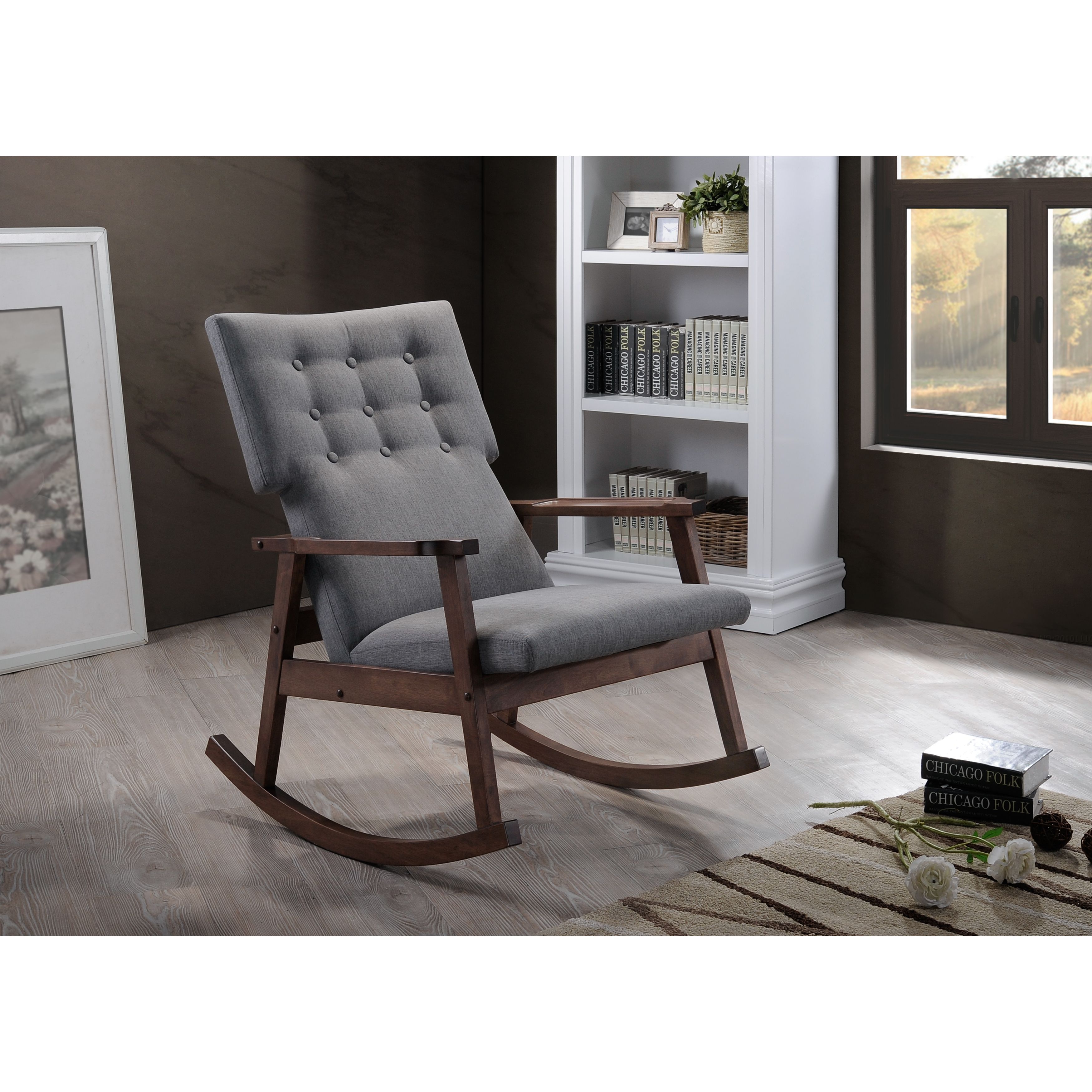 Featuring Scandinavian Style With Modern Aesthetic, The Throughout Granite Grey Fabric Mid Century Wooden Rocking Chairs (Photo 19 of 20)