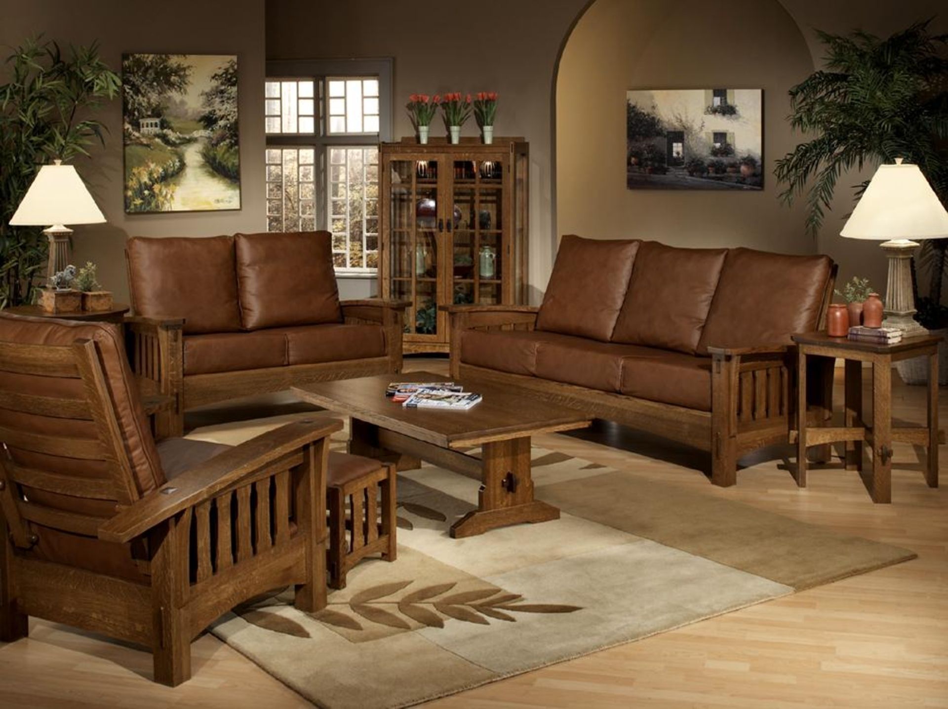 Furniture. Dark Brown Leather Sofa Set With Brown Wooden Intended For Mission Design Wood Rocking Chairs With Brown Leather Seat (Photo 20 of 20)