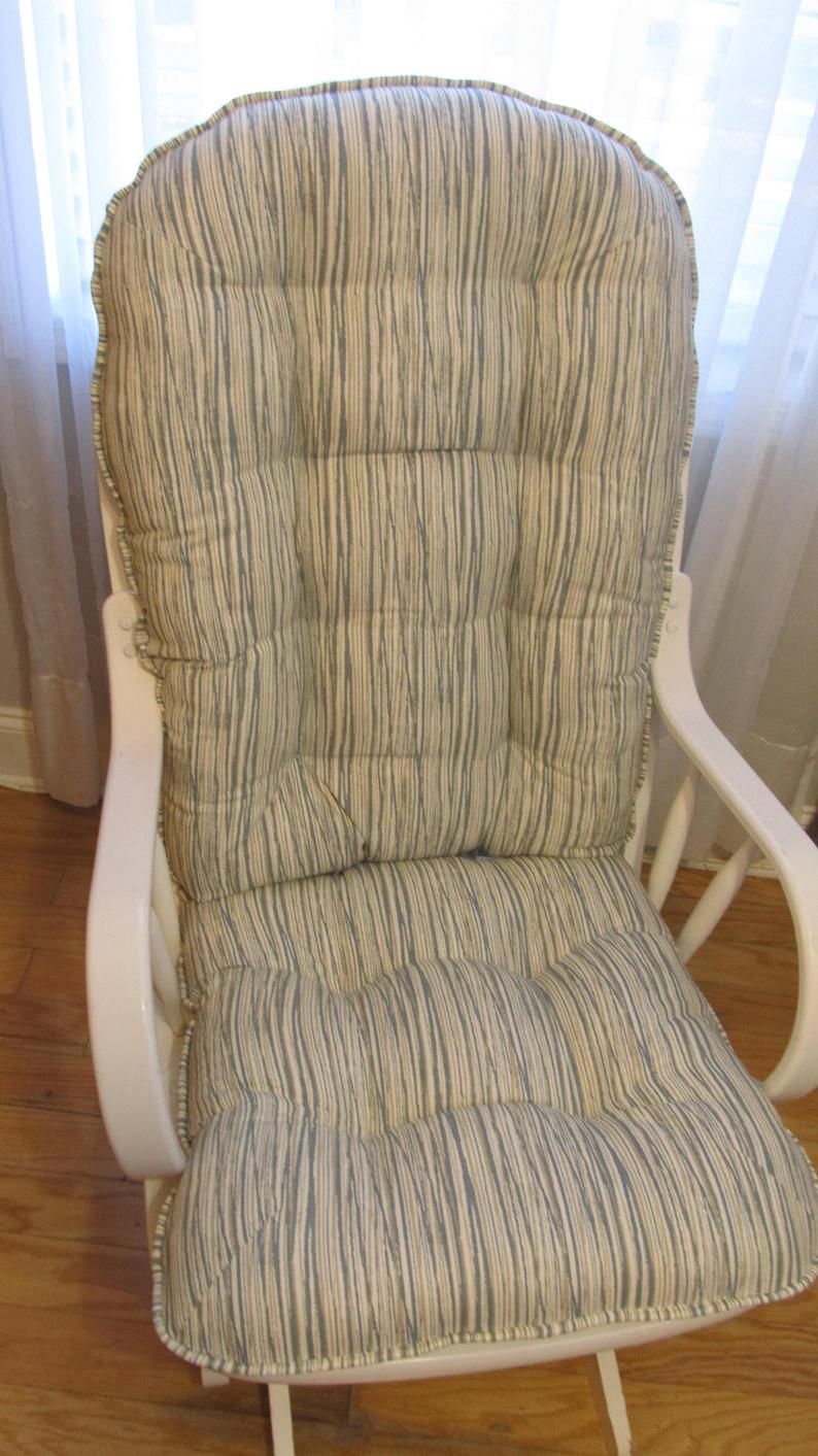 Glider Or Rocking Chair Cushions Set In Mineral Blue And Taupe Beige  Stripes On White , Baby Nursery Rocker, Dutailier Replace Throughout Wooden Baby Nursery Rocking Chairs (Photo 18 of 20)
