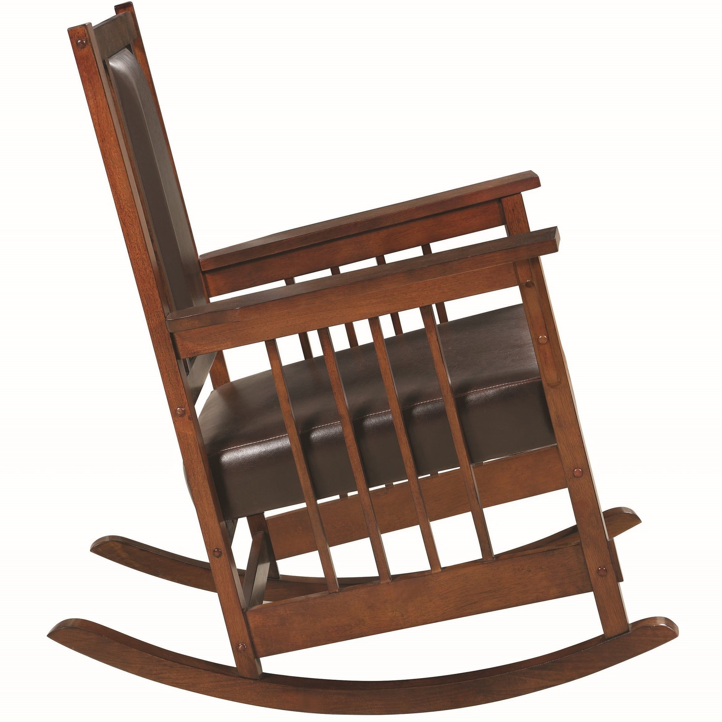 Mission Design Wood Rocking Chair With Brown Leather Seat Within Dark Oak Wooden Padded Faux Leather Rocking Chairs (Photo 7 of 20)