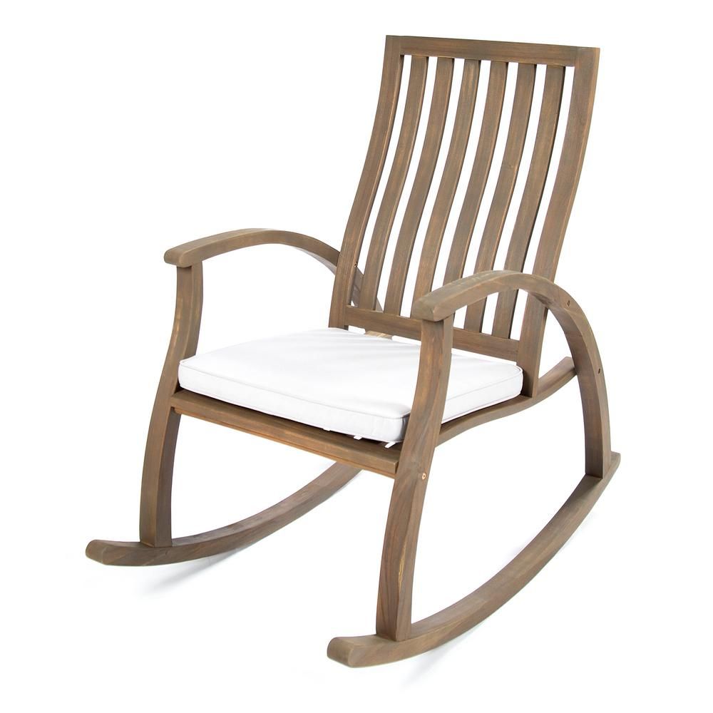 Noble House Gray Wood Outdoor Rocking Chair With Gray Cushion Throughout Warm Brown Slat Back Rocking Chairs (View 6 of 20)