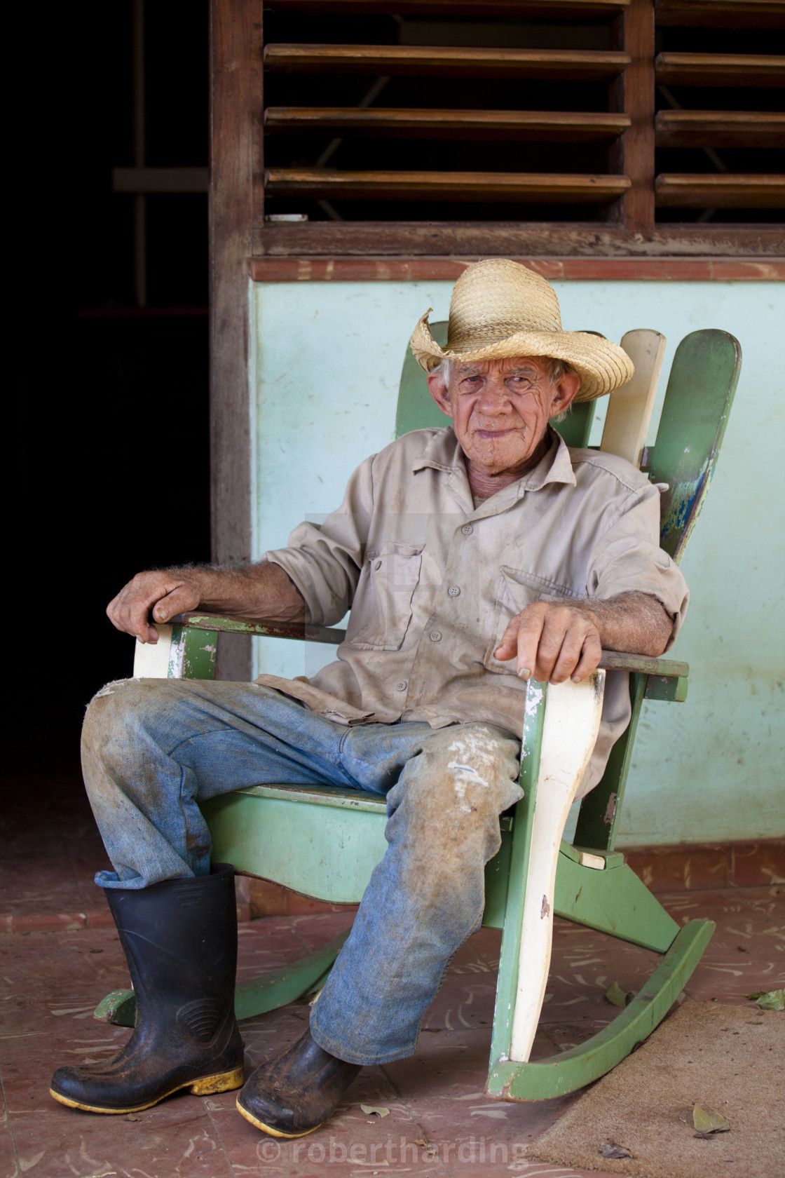 Tobacco Farmer Wearing Straw Hat And Wellington Boots, On A Within Tobacco Rocking Chairs (Photo 6 of 20)