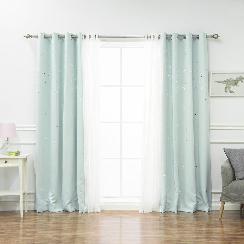 Arkose 4 Piece Tulle And Star Polka Dots Blackout Thermal Grommet Window  Treatment Set With Regard To Tulle Sheer With Attached Valance And Blackout 4 Piece Curtain Panel Pairs (Photo 48 of 50)