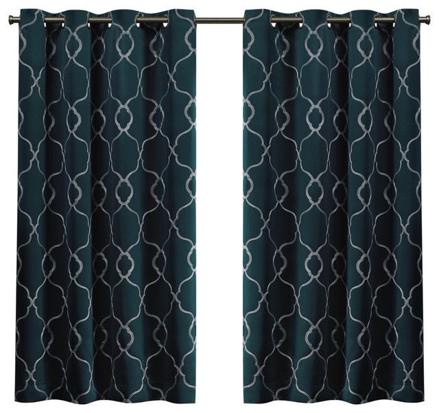Belmont Embroidered Blackout Grommet Top Curtain Panel Pair Sapphire Teal  52x63 In Oxford Sateen Woven Blackout Grommet Top Curtain Panel Pairs (View 16 of 44)