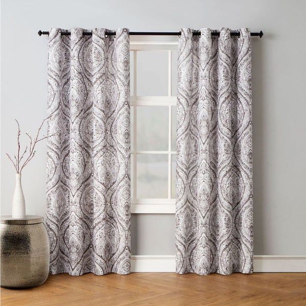 Buy Beige, Damask Curtains & Drapes Online At Overstock Regarding Miranda Haus Labrea Damask Jacquard Grommet Curtain Panels (View 3 of 7)