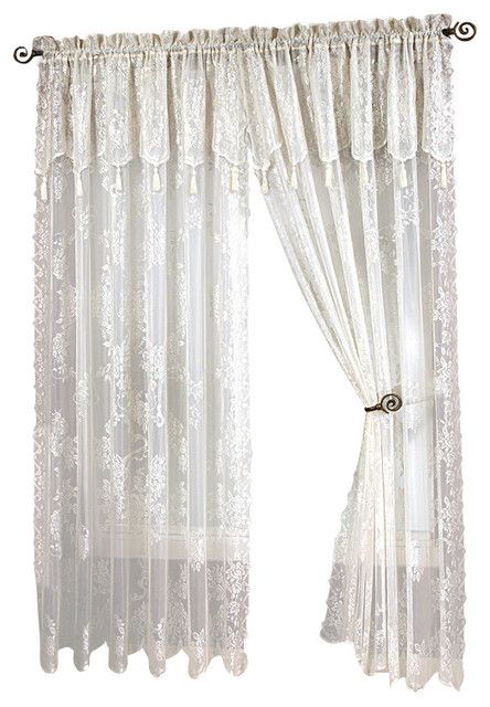Carly Lace Curtain Panel With Attached Valance With Tassels, White, 63" Long With Regard To Tulle Sheer With Attached Valance And Blackout 4 Piece Curtain Panel Pairs (View 29 of 50)