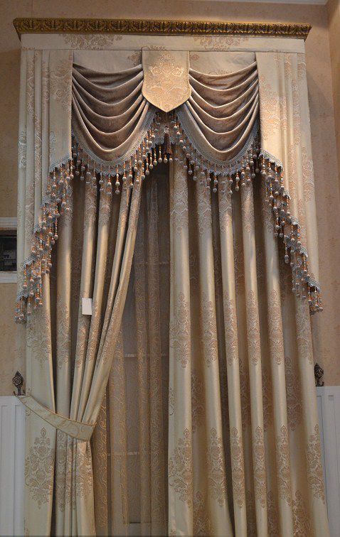 Formal Swags And Jabots Mounted Within An Upholstered Regarding Luxurious Old World Style Lace Window Curtain Panels (Photo 17 of 50)
