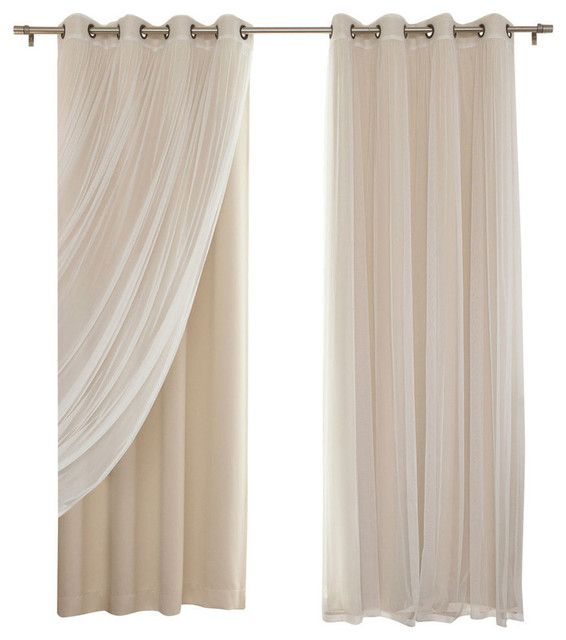Gathered Tulle Sheer And Blackout 4 Piece Curtain Set, Beige, 96" Within Tulle Sheer With Attached Valance And Blackout 4 Piece Curtain Panel Pairs (View 13 of 50)