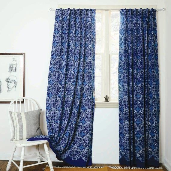 Indigo Curtains Blue Curtains Window Boho Bedroom Home Decor Block Print  Home Living One Panel – Greece Indigo 56"w X 84"l Intended For Sarong Grey Printed Cotton Pole Pocket Single Curtain Panels (View 35 of 50)