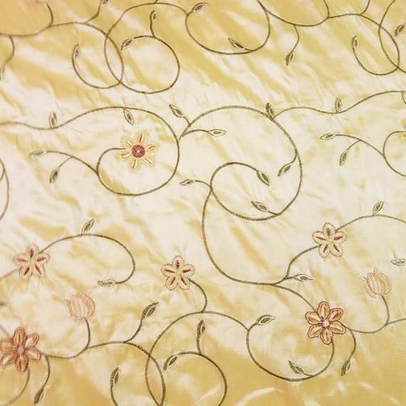 Light Gold Floral Flower Embroidery Faux Silk Fabric/ Drapery, Curain,  Upholstery, Pillow, Costume/fabricthe Yard Throughout Ofloral Embroidered Faux Silk Window Curtain Panels (Photo 34 of 50)