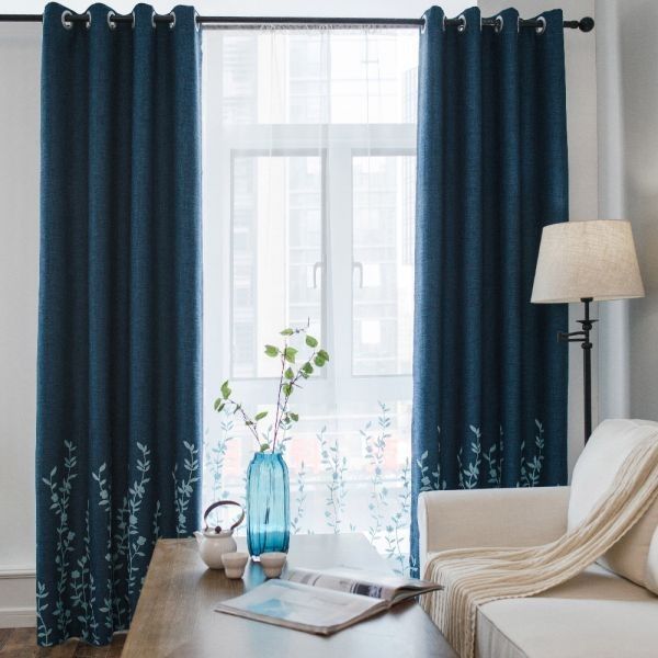 Melodieux Faux Linen Blackout Curtains With Top Grommets Flower Embroidery  Window Treatment Noise Free Drape For Living Room Navy Blue,140 X 260cm 1 Regarding Faux Linen Blackout Curtains (Photo 24 of 50)