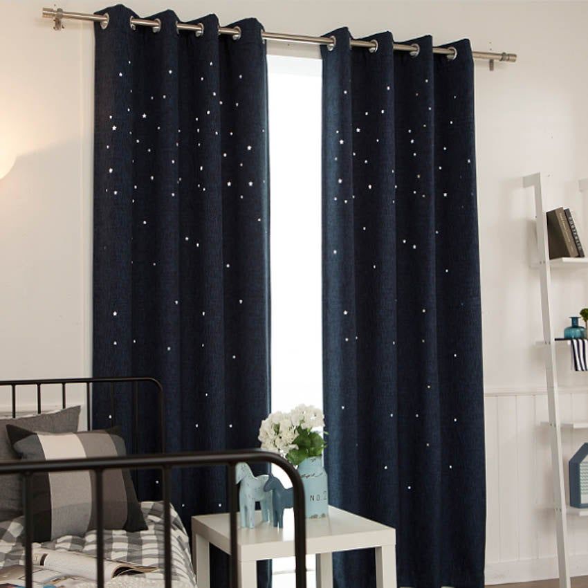 Navy Star Pattern Cutting Out Faux Linen Semi Blackout Curtains In Faux Linen Blackout Curtains (View 38 of 50)