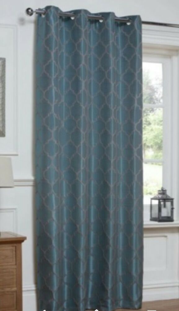 Teal Grey Lattice Print Moroccan Eyelet Ring Top Curtain Panel 54" X 86"  Door | Ebay Regarding Edward Moroccan Pattern Room Darkening Curtain Panel Pairs (Photo 39 of 50)